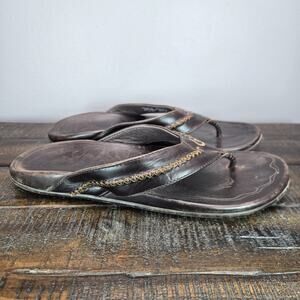 OluKai Mea Ola Mens Size 12 Slip On Flip Flops Beach Sandals Leather Brown